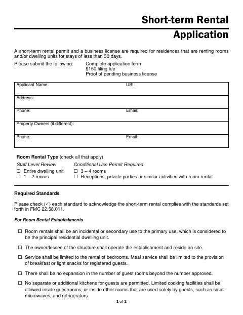 First page of the Short-Term Rental Application