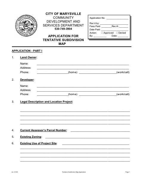 First page of the Tentative Subdivision Map Application