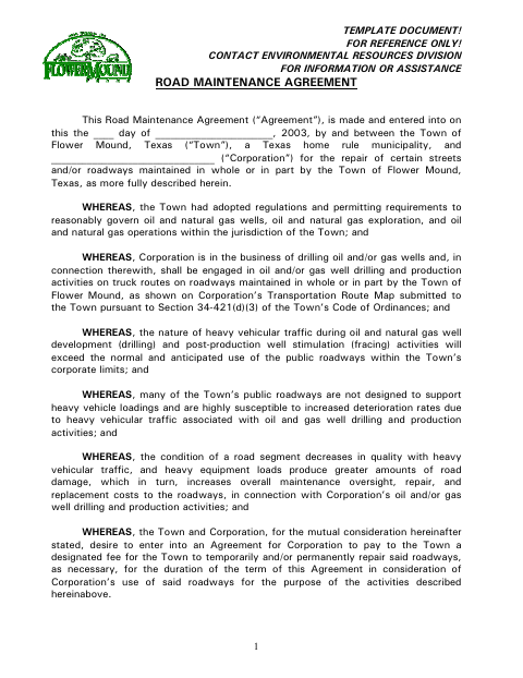 First page of the Road Maintenance Agreement