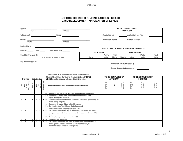 First page of the Land Development Application Checklist