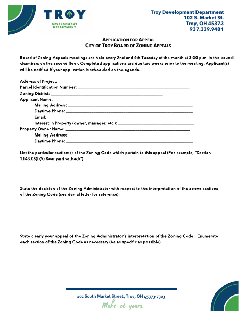 First page of the Application for Appeal – Board of Zoning Appeals