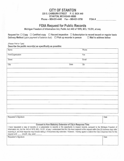 First page of the FOIA Request for Public Records