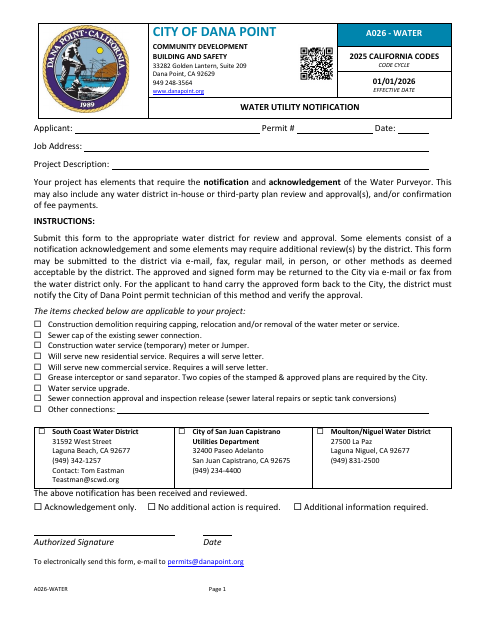 First page of the Water Utility Notification Form