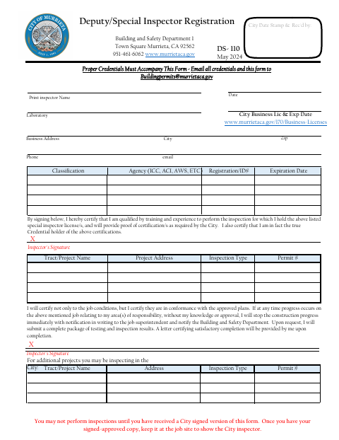 First page of the Deputy/Special Inspector Registration