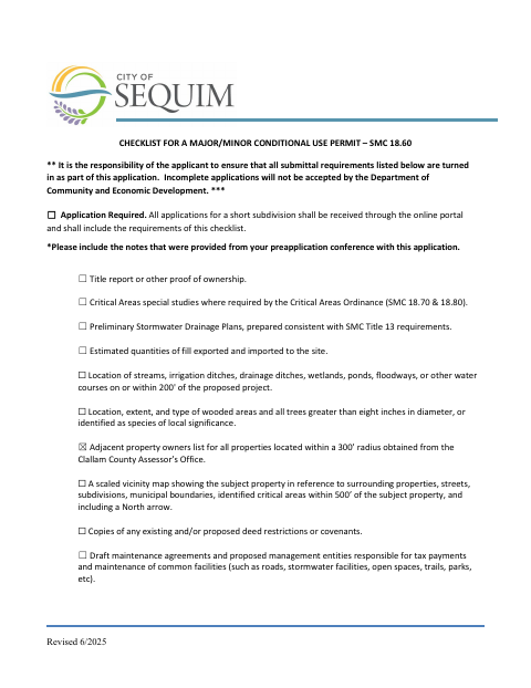 First page of the Checklist for a Major/Minor Conditional Use Permit