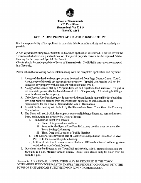 First page of the Special Use Permit Application