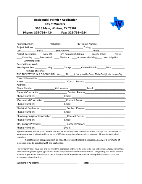 First page of the Residential Building Permit Application