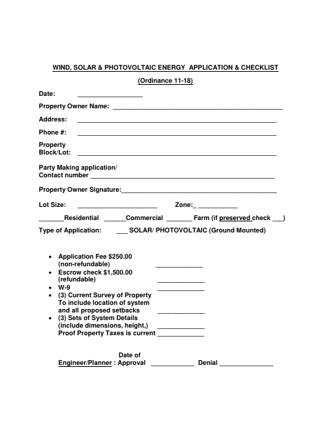 First page of the Wind, Solar & Photovoltaic Energy Application & Checklist