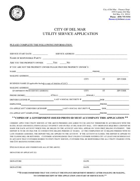 First page of the Utility Service Application
