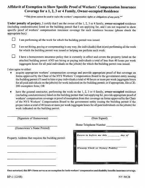 First page of the Affidavit of Exemption for Workers’ Compensation Coverage