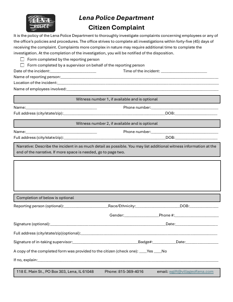 First page of the Police Department Citizen Complaint