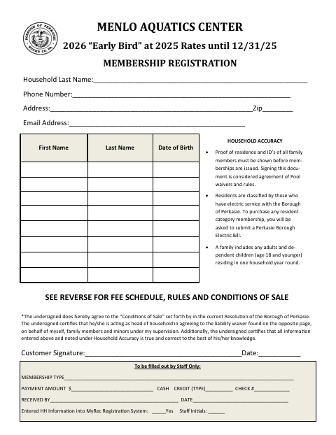 First page of the Menlo Aquatics Center 2026 Membership Registration