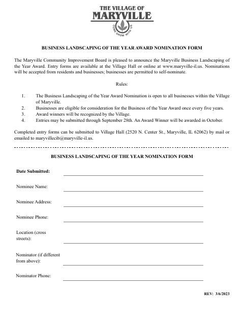 First page of the Business Landscaping of the Year Award Nomination Form