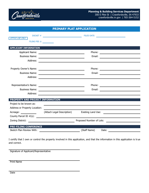 First page of the Primary Plat Application
