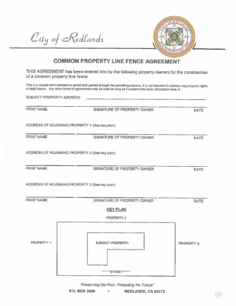 First page of the Common Property Line Fence Agreement