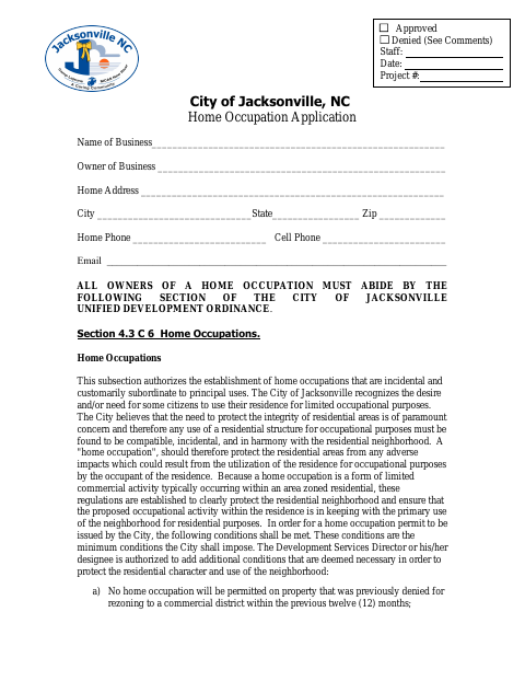 First page of the Home Occupation Application