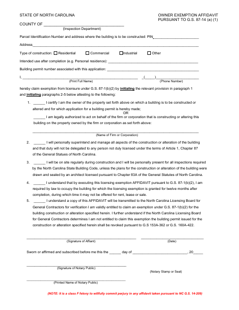 First page of the Owner Exemption Affidavit