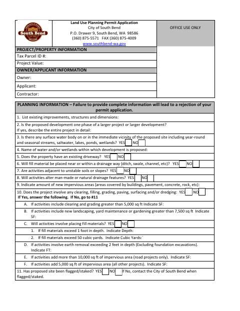 First page of the Land Use Planning Permit Application