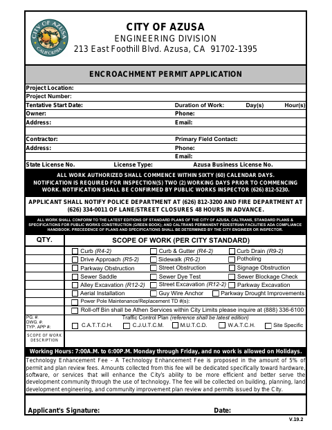 First page of the Encroachment Permit Application
