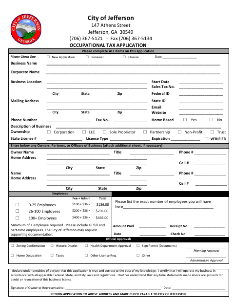 First page of the Business License Application