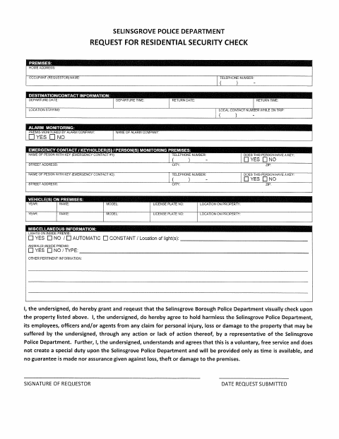 First page of the Request for Residential Security Check