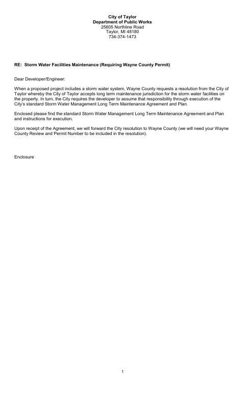 First page of the Storm Water Management Long Term Maintenance Agreement and Plan
