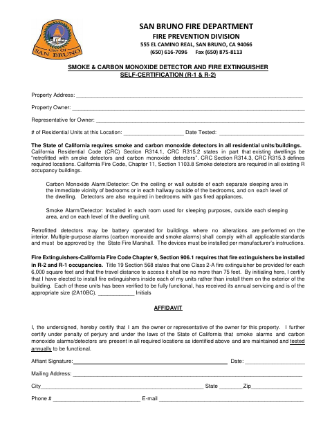 First page of the Smoke and Carbon Monoxide Detector and Fire Extinguisher Self-Certification (R-1 and R-2)