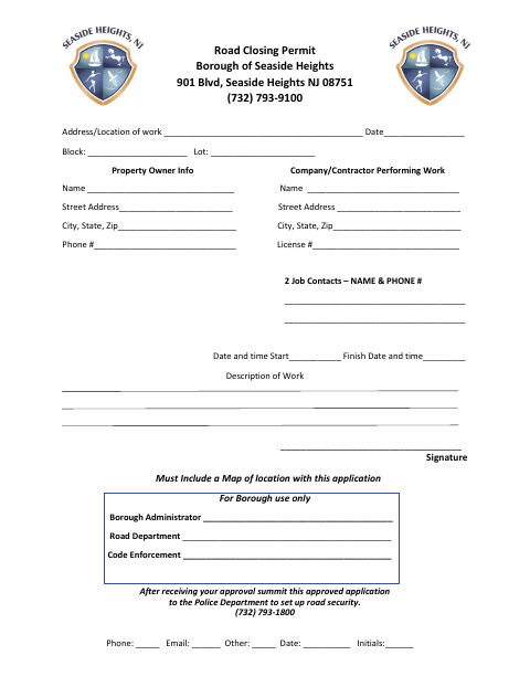 First page of the Road Closing Permit Application