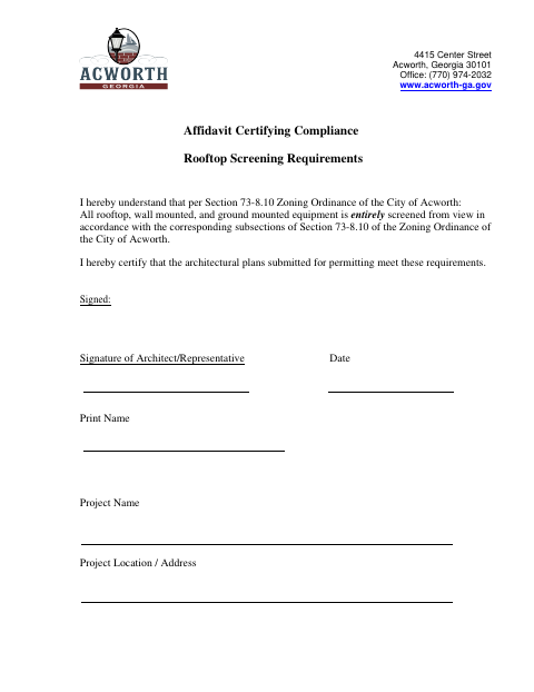 First page of the Affidavit Certifying Compliance With Rooftop Screening Requirements