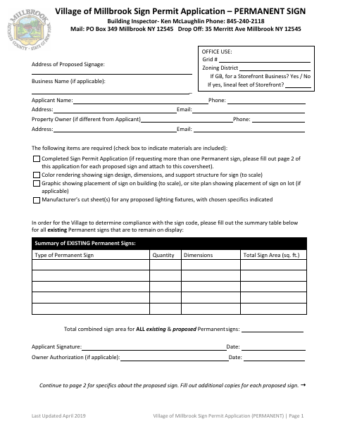 First page of the Permanent Sign Permit Application