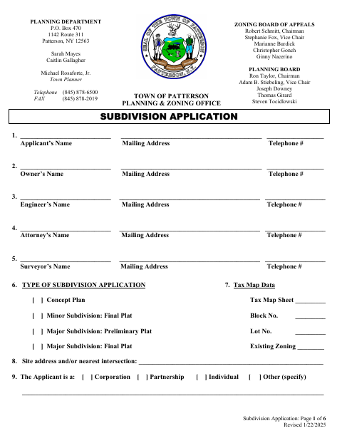 First page of the Subdivision Application