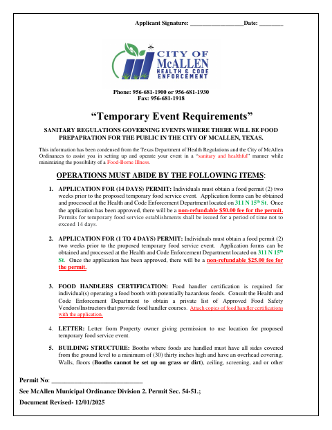 First page of the Temporary Food Event Permit Application