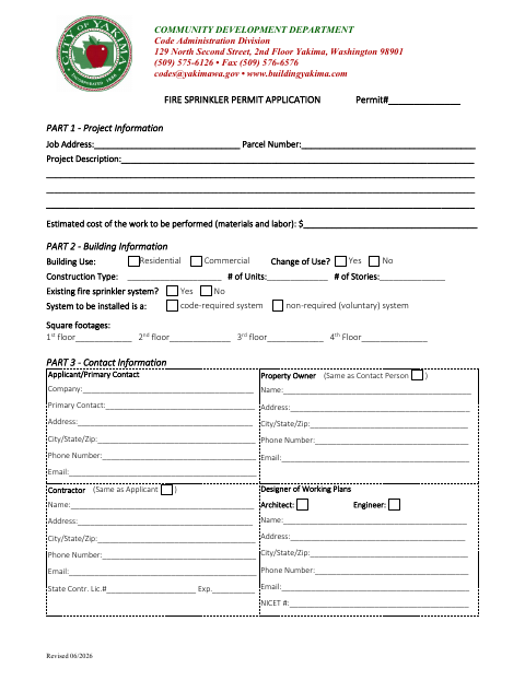 First page of the Fire Sprinkler Permit Application