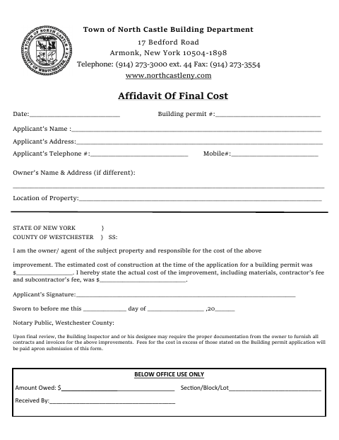 First page of the Affidavit of Final Cost