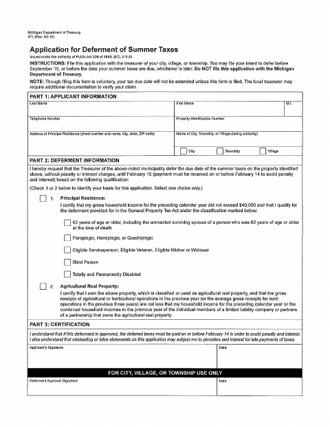First page of the Application for Deferment of Summer Taxes