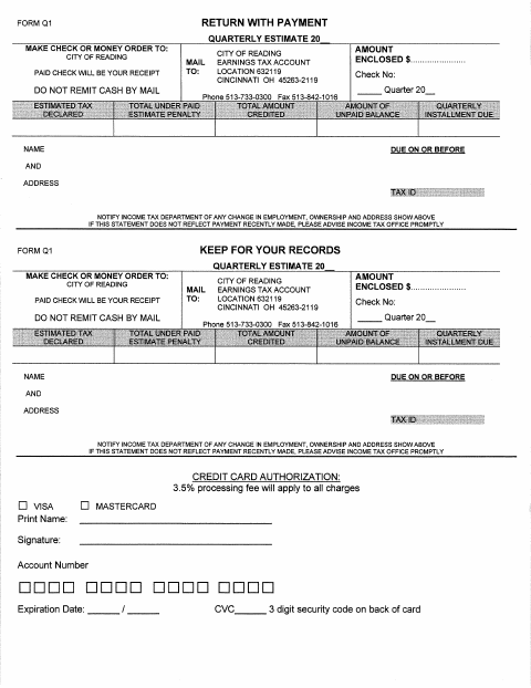 First page of the Individual Quarterly Estimate Tax Form