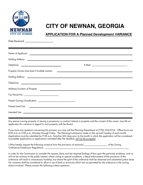 First page of the Planned Development Variance Application