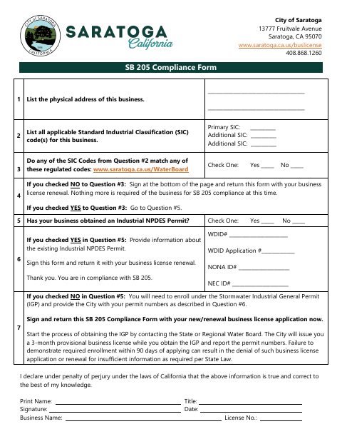 First page of the SB 205 Compliance Form