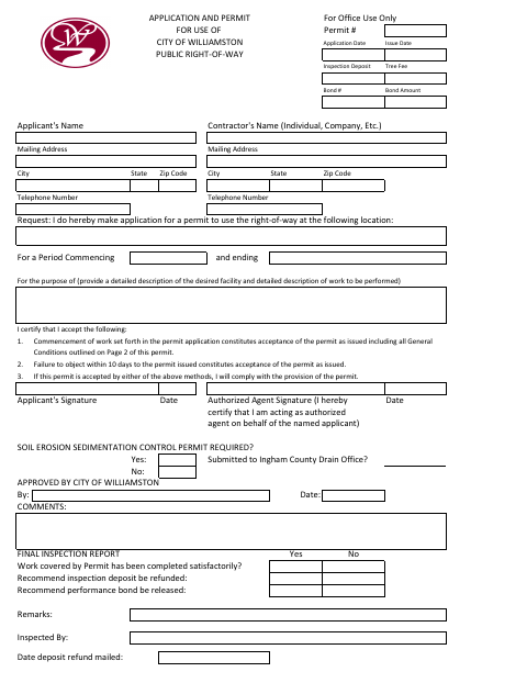First page of the Right-of-Way Permit Application