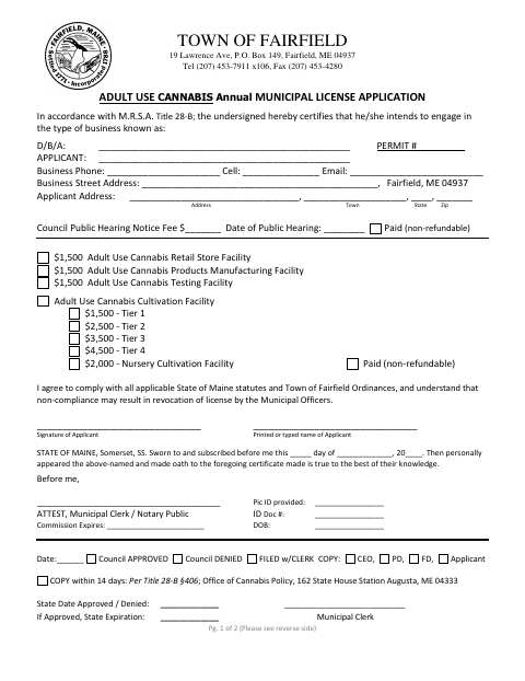 First page of the Adult Use Cannabis Annual Municipal License Application