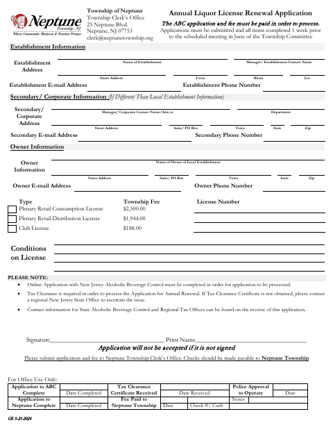First page of the Annual Liquor License Renewal Application