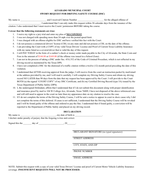 First page of the Sworn Request for Driving Safety Course