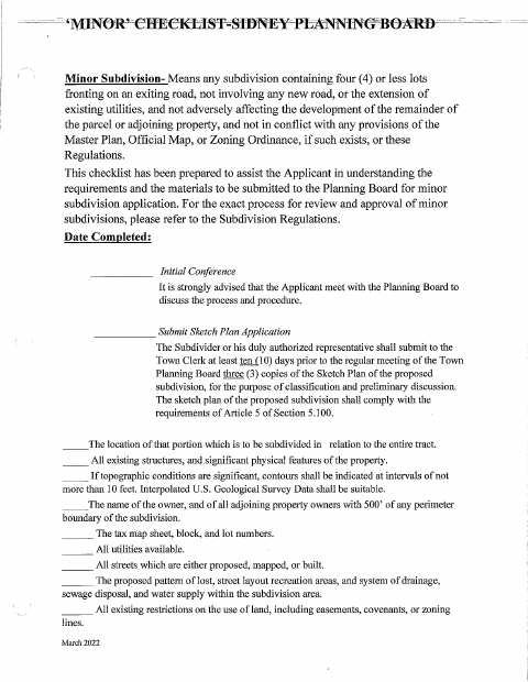 First page of the Minor Subdivision Sketch Plan Application