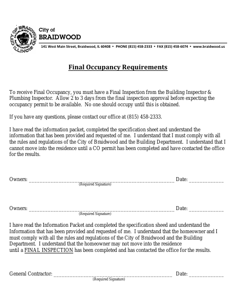 First page of the Final Occupancy Requirements