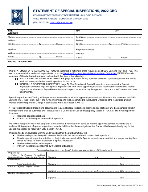 First page of the Statement of Special Inspections, 2022 CBC