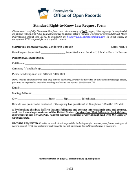 First page of the Standard Right-to-Know Law Request Form
