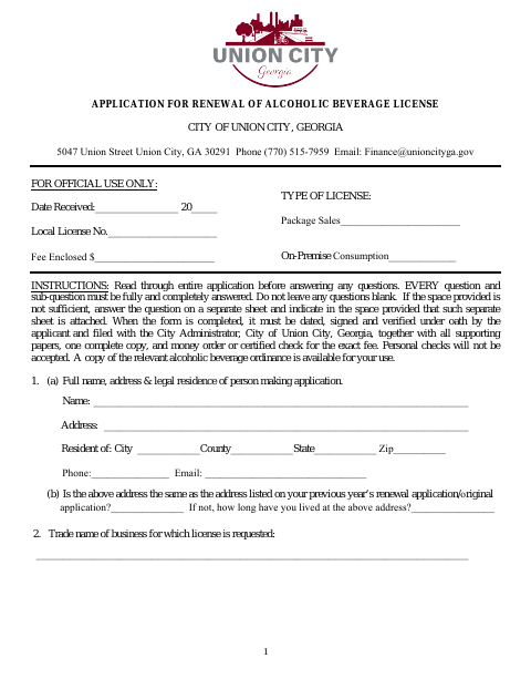 First page of the Alcohol Beverage License Renewal Application