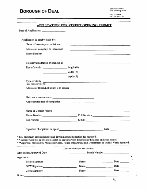 First page of the Street Opening Permit Application
