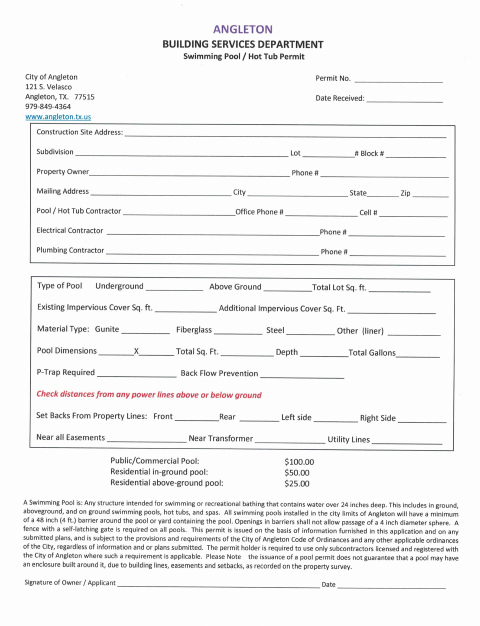 First page of the Swimming Pool / Hot Tub Permit