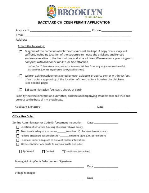 First page of the Backyard Chicken Permit Application